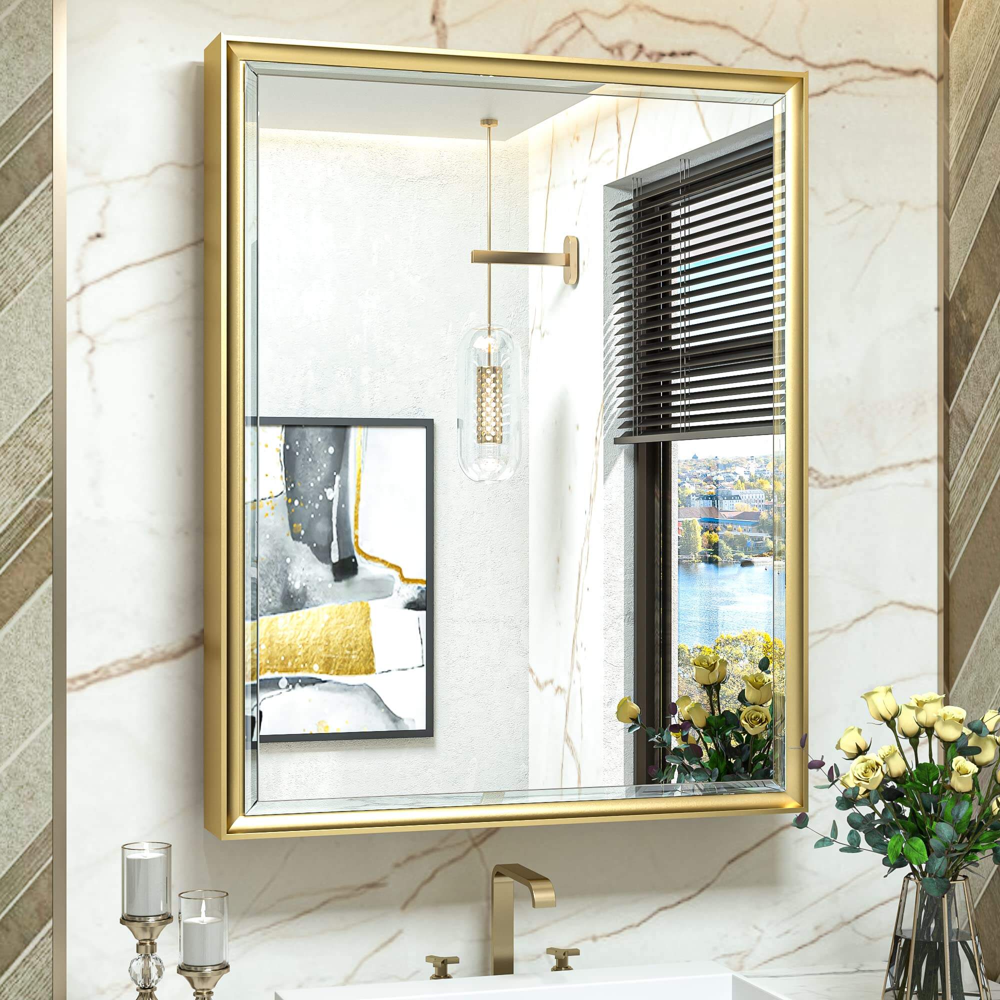 Foshan Haohan Smart Home Co., Ltd. 24x30 Recessed Medicine Cabinet Bathroom Vanity Mirror Gold Metal Framed Surface Wall Mounted with Aluminum Alloy Beveled Edges Design 1 Door for Modern Farmhouse