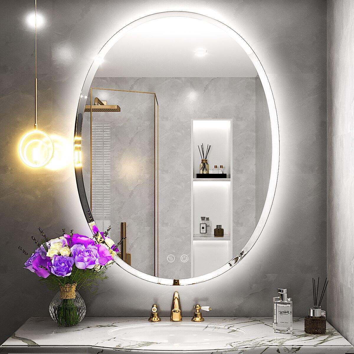 JJGullit bathroom mirror supplier  24x32 Inch Oval LED Bathroom Mirror, Backlit Beveled Mirror, Wall Mounted Vanity Mirror with Lights, Dimmable Touch Switch, Anti-Fog Modern Lighted Mirrors(HorizontalVertical)