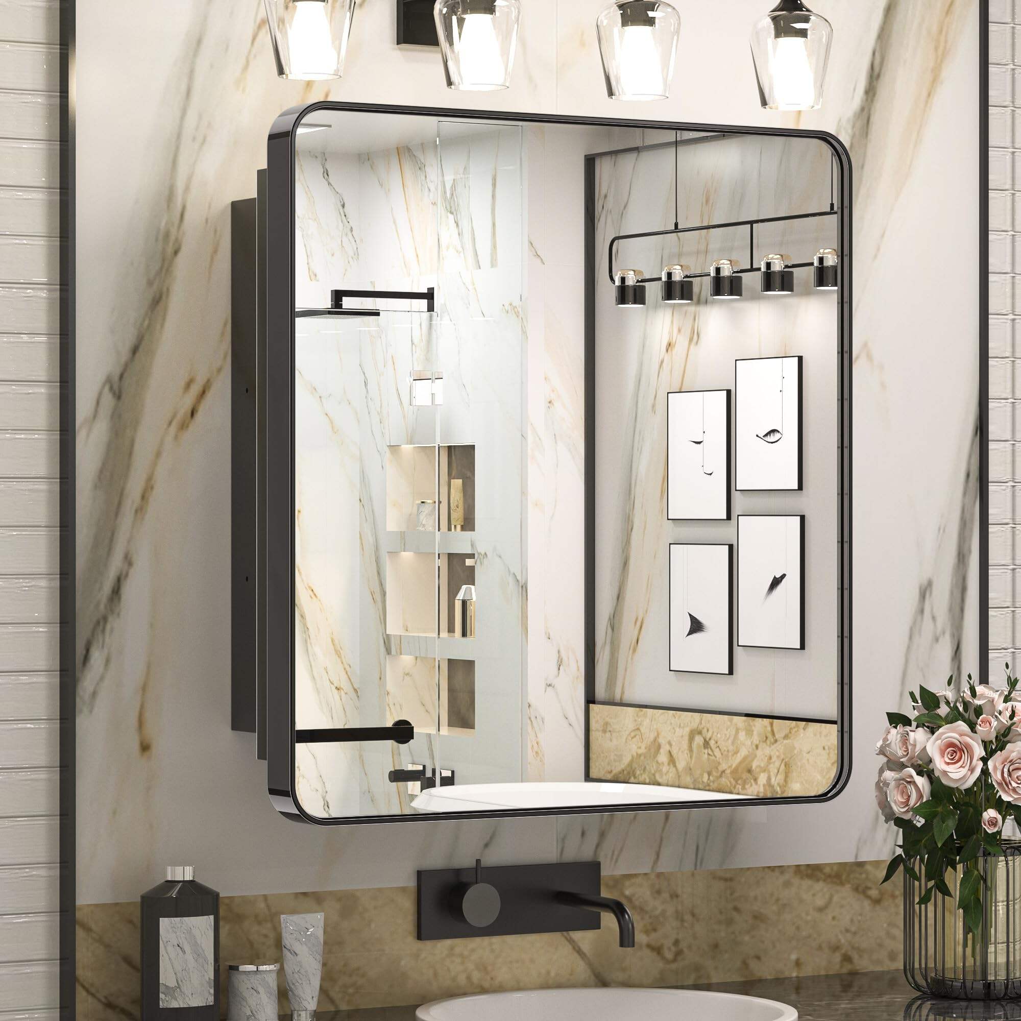 फोशान हाओहान स्मार्ट होम कं, लिमिटेड दर्पण समायोज्य अलमारियों के साथ बाथरूम के लिए 30 x 32 इंच क्रोम मेडिसिन कैबिनेट, स्टेनलेस स्टील फ़्रेमयुक्त एकल दरवाजा आधुनिक धातु अवकाशित चांदी की दीवार पर दर्पणयुक्त बाथरूम
