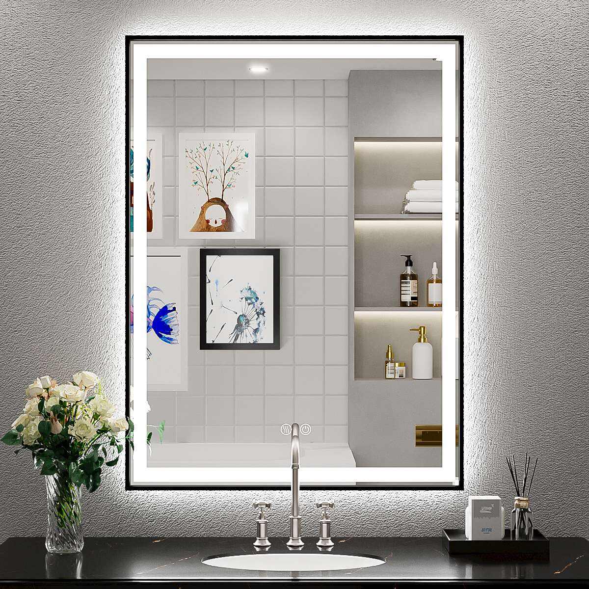 JJGullit bathroom mirror supplier Bathroom LED Mirror, 24x32 Inch Frontlit & Backlit Mirror, Bathroom Vanity Mirror with Lights, Stepless Dimmable, French Cleats Wall Mount Anti-Fog Lighted Mirror