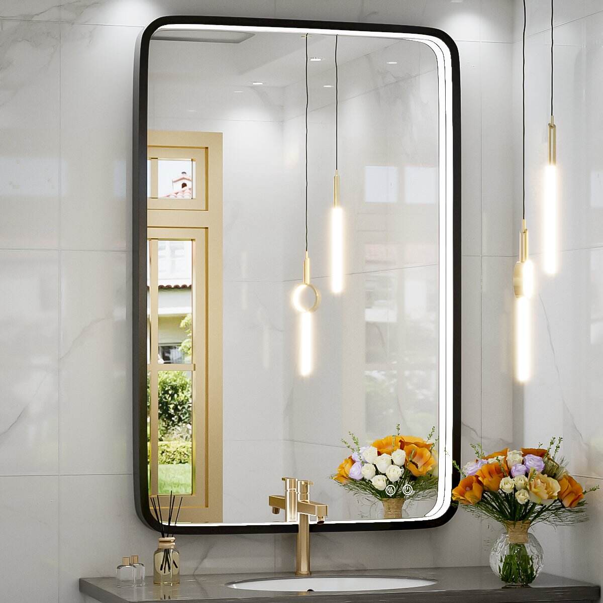 JJGullit bathroom mirror supplier  24x36 Inch LED Bathroom Mirror with Lights, Black Metal Framed Lighted Vanity Mirror, French Cleats Wall Mounted Anti Fog Dimmable LED Mirror Makeup for Bedroom