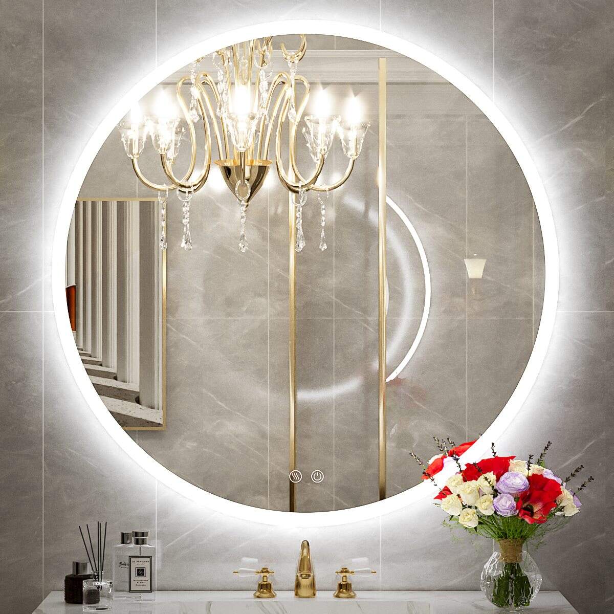 JJGullit bathroom mirror supplier 36 Inch Round LED Mirror for Bathroom, Front Lighted Vanity Mirror, Wall Mounted Bathroom Round Mirror with Lights, Wall Mounted Anti-Fog Dimmable Circle Mirror for Bedroom CRI 90