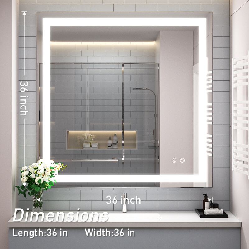 JJGullit fournisseur de miroir de salle de bain Miroir de salle de bain LED 36X36 pouces, miroir anti-buée mural, miroir de salle de bain éclairé à intensité variable avec lumières, bouton tactile intelligent + fonction mémoire + CRI90 + lumens élevés