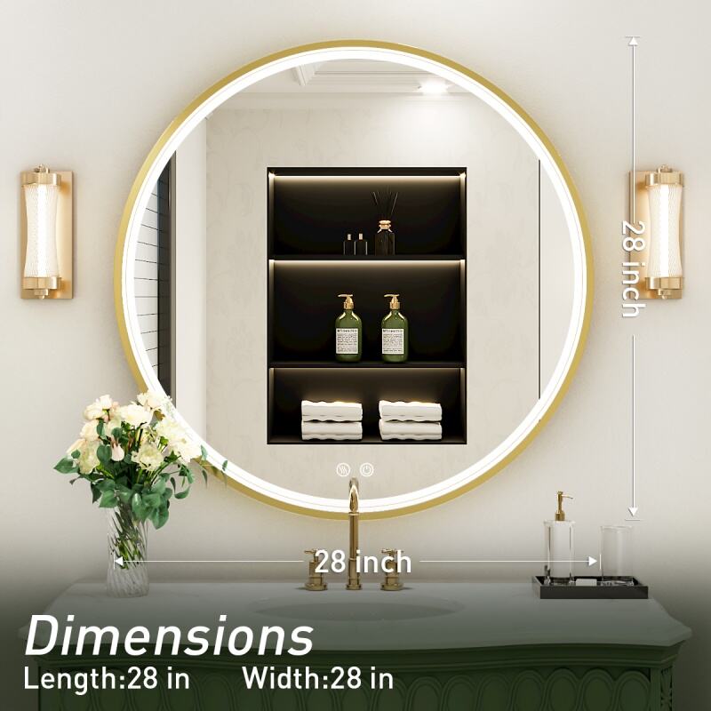 JJGullit bathroom mirror supplier 28 Inch Round LED Mirror for Bathroom,Gold Metal Frame Lighted Vanity Mirror,Wall Mounted Circle with Lights,6000K Anti-Fog & Dimmable Touch Switch, Waterproof IP54