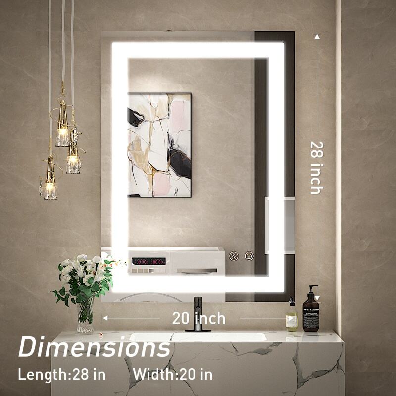 JJGullit fournisseur de miroir de salle de bain Miroir LED 20 x 28 pouces, miroir de salle de bain éclairé mural, miroir de courtoisie antibuée avec lumières, miroir de maquillage sans cadre étanche IP54 CRI90 + à intensité variable (horizontal vertical)