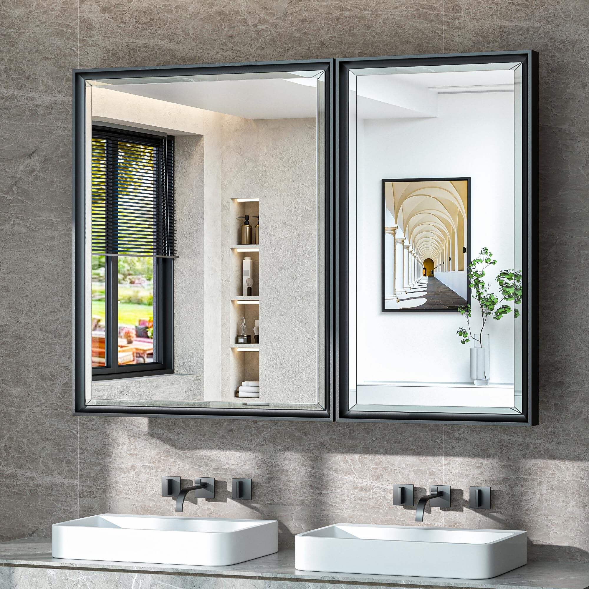 Foshan Haohan Smart Home Co., Ltd.  40x30 Medicine Cabinet Bathroom Vanity Mirror Black Metal Framed Recessed or Surface Wall Mounted with Aluminum Alloy Beveled Edges Design 2 Doors for Modern Farmhouse