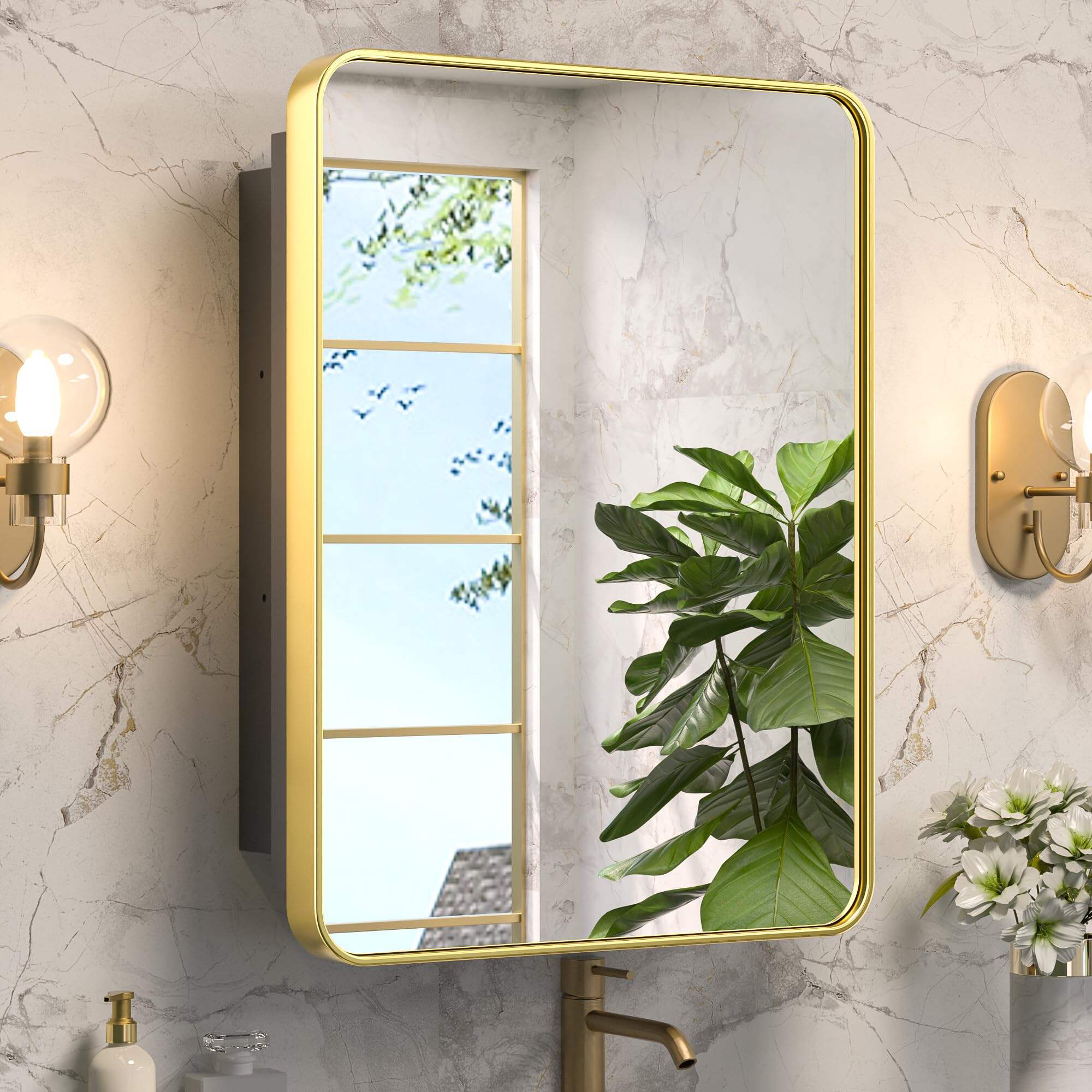 JJGullit bathroom mirror supplier 20 x 26 Inch Gold Recessed Medicine Cabinets for Bathroom with Vanity Mirror Stainless Steel Rounded Rectangle Framed Single Door Surface Wall Mounted Metal Mirrored Bathroom Storage Cabinet