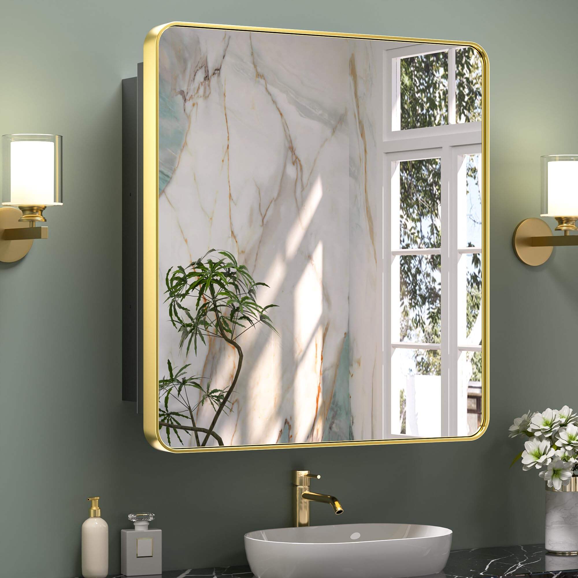 Foshan Haohan Smart Home Co., Ltd. 30 x 32 tums spegelvända guldmedicinskåp för justerbara badrumshyllor Rostfritt stålinramad enkeldörr Rundad rektangel Väggmonterade infällda badrumsförvaringsskåp med spegel