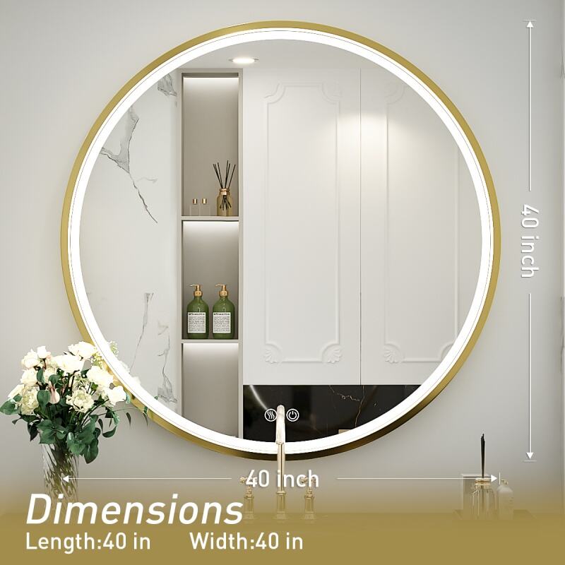 JJGullit bathroom mirror supplier 40 Inch Round LED Mirror for Bathroom,Gold Framed Wall Mounted Lighted Mirrors with Lights,Anti Fog Design&Dimmable&Touch Switch,Light up Mirror for Housewarming Gift