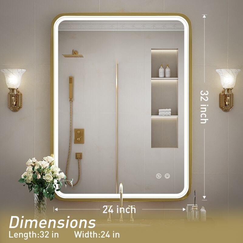 JJGullit bathroom mirror supplier 24X32 Inch LED Bathroom Mirror with Lights,Gold Framed Wall Mounted Lighted Vanity Mirrors,Anti Fog Design&Dimmable&Touch Switch,Light up Mirror for Housewarming Gift