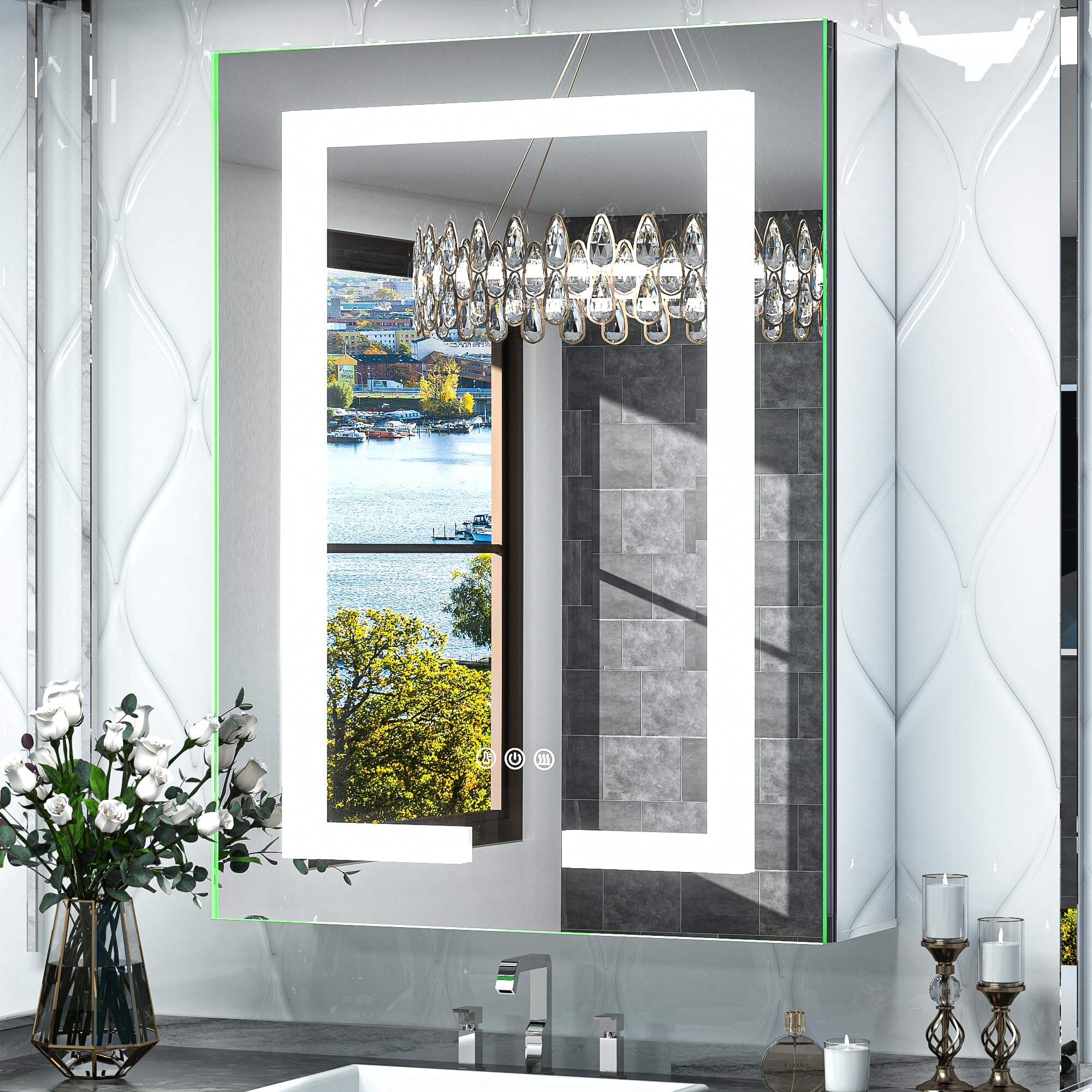 Foshan Haohan Smart Home Co., Ltd. Armoire à pharmacie éclairée 30 x 26 pour salle de bain avec miroir et prise électrique, anti-buée, 3 couleurs, température variable, surface ou montage encastré pour le rangement de la salle de bain