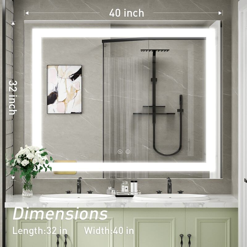 JJGullit fournisseur de miroir de salle de bain Miroir de salle de bain LED 40 x 32 pouces avec lumières, miroir de courtoisie éclairé mural, miroir de salle de bain anti-buée à intensité variable, fonction mémoire (horizontal et vertical)