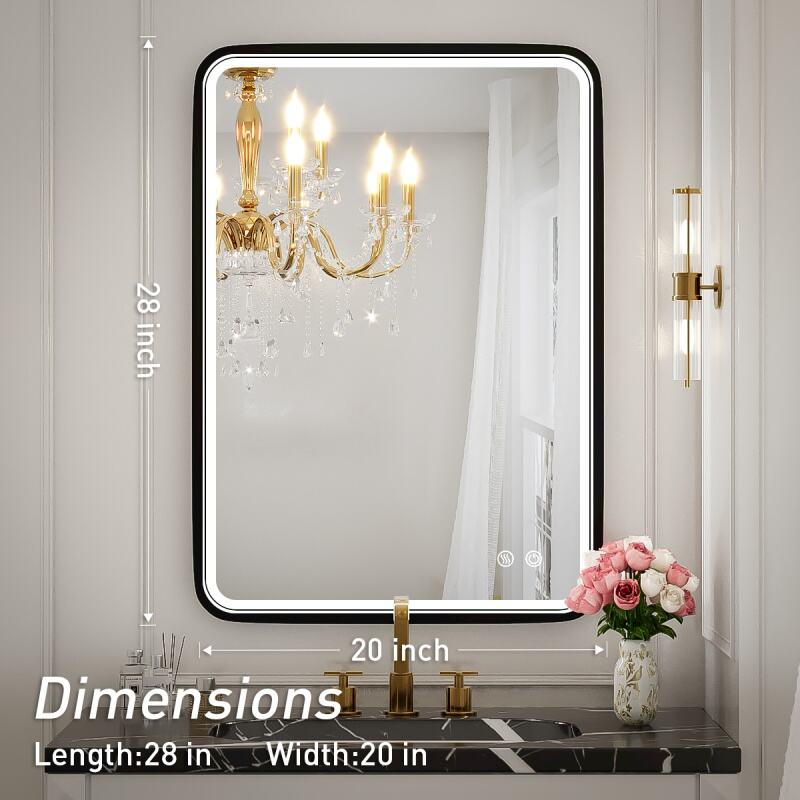 JJGullit bathroom mirror supplier 20X28 Inch LED Bathroom Mirror with lights,Wall Mounted Lighted Mirrors with Non-Rusting Black Metal Frame Anti-Fog Memory Funtion Stepless Dimmable for Bathroom Decor,60