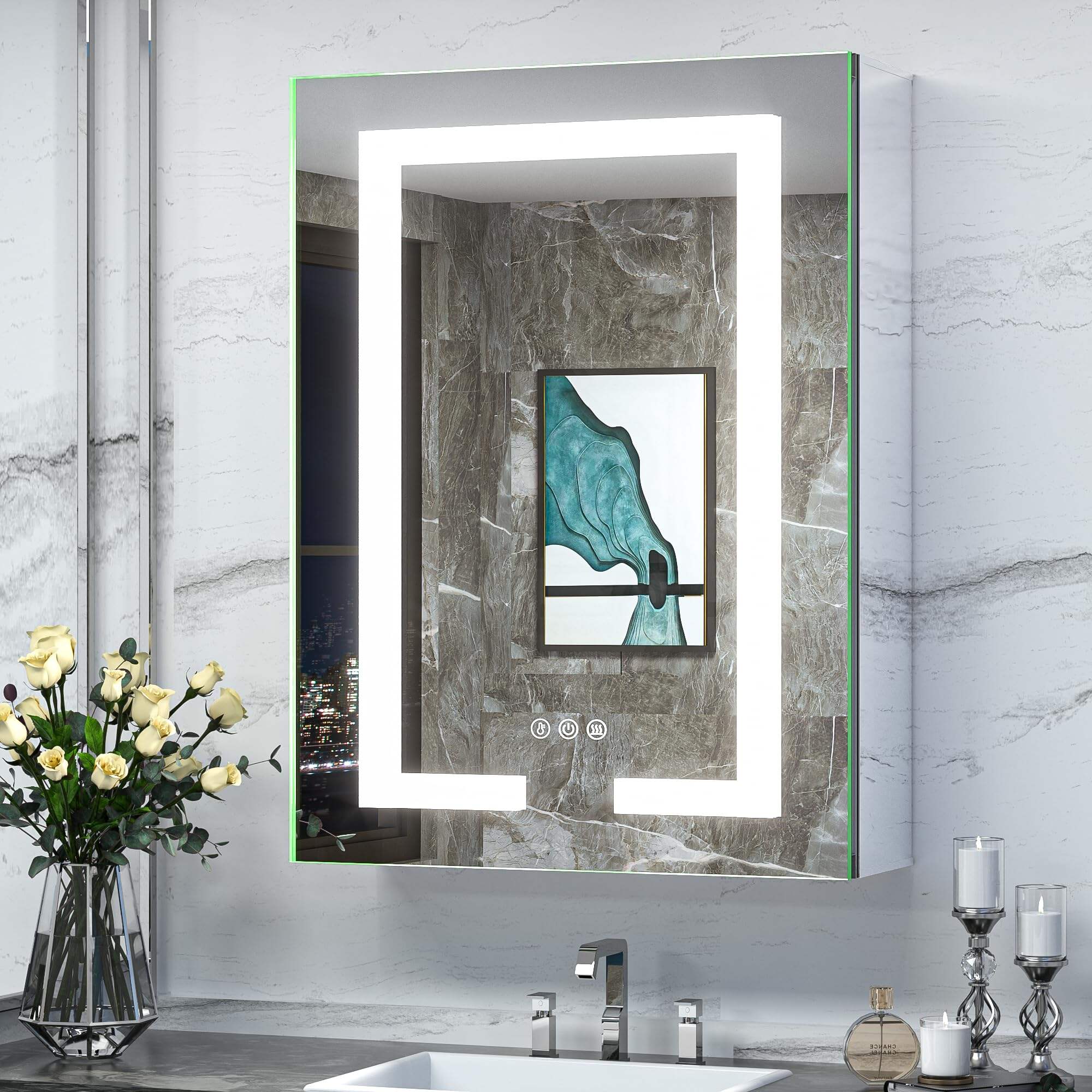 Foshan Haohan Smart Home Co., Ltd.20x26 Cermin Kabinet Ubat Tersembunyi dengan Alur Keluar Bercahaya dan Elektrik, Anti-Kabut Bercahaya Depan 3 Warna Suhu Lekapan Tersembunyi Boleh Dimalapkan untuk Penyimpanan dan Hiasan Mordern