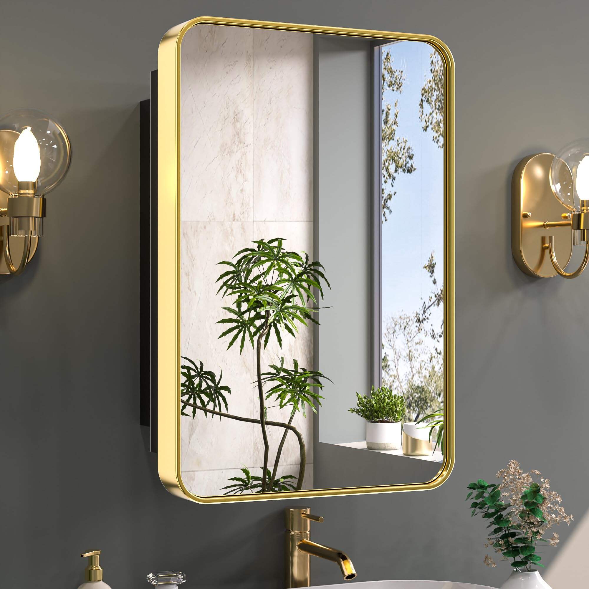 Foshan Haohan Smart Home Co., Ltd. 16 x 24 Inch Gold Medicine Cabinets for Bathroom with Mirror Stainless Steel Framed Surface Modern Farmhouse Rounded Rectangle Single Door Small Wall-mounted Recessed Bathroom Storage Cabinet
