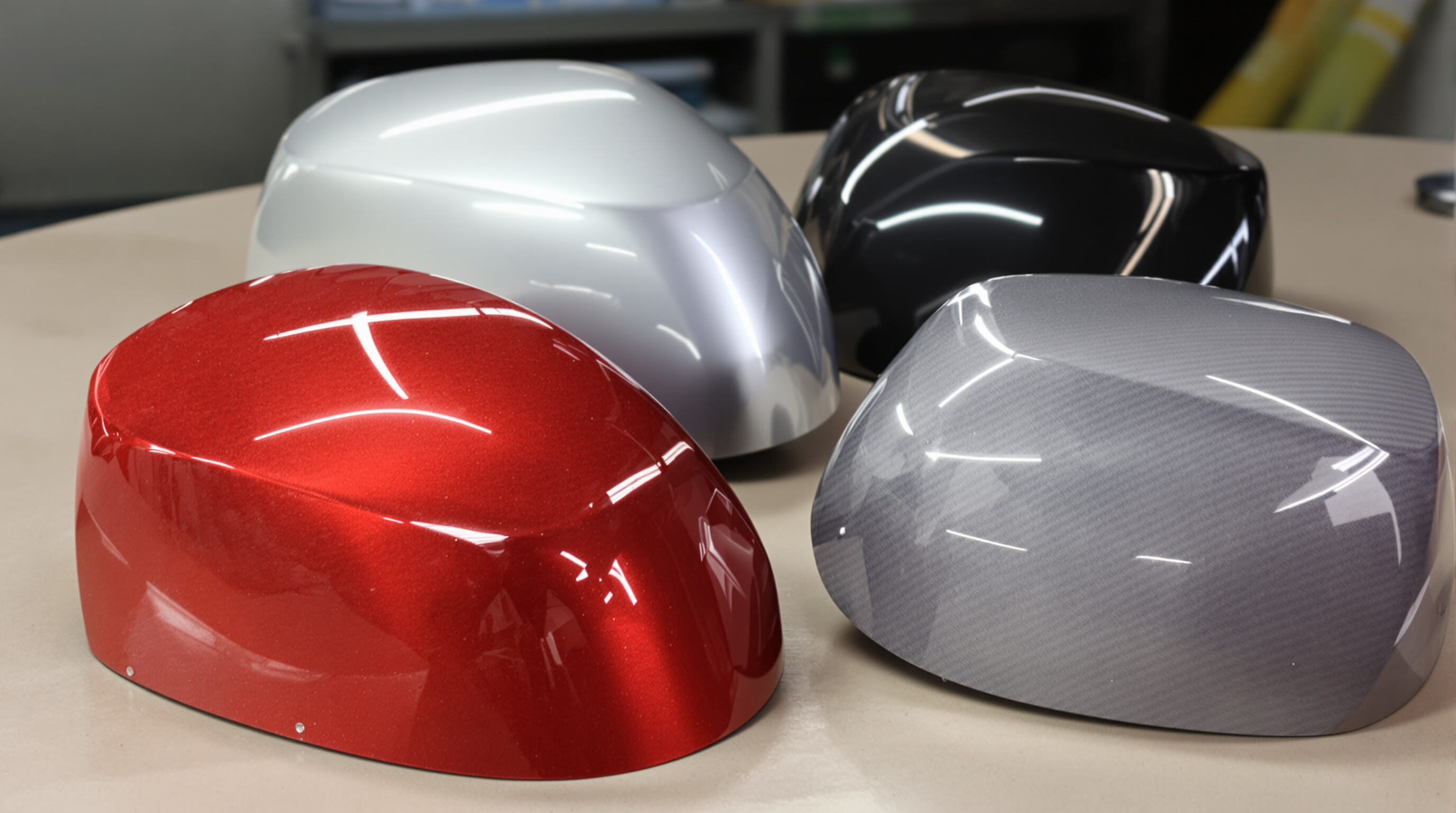 Close-up of assorted car mirror covers made from plastic, polycarbonate, aluminum, and carbon fiber, showing different textures.