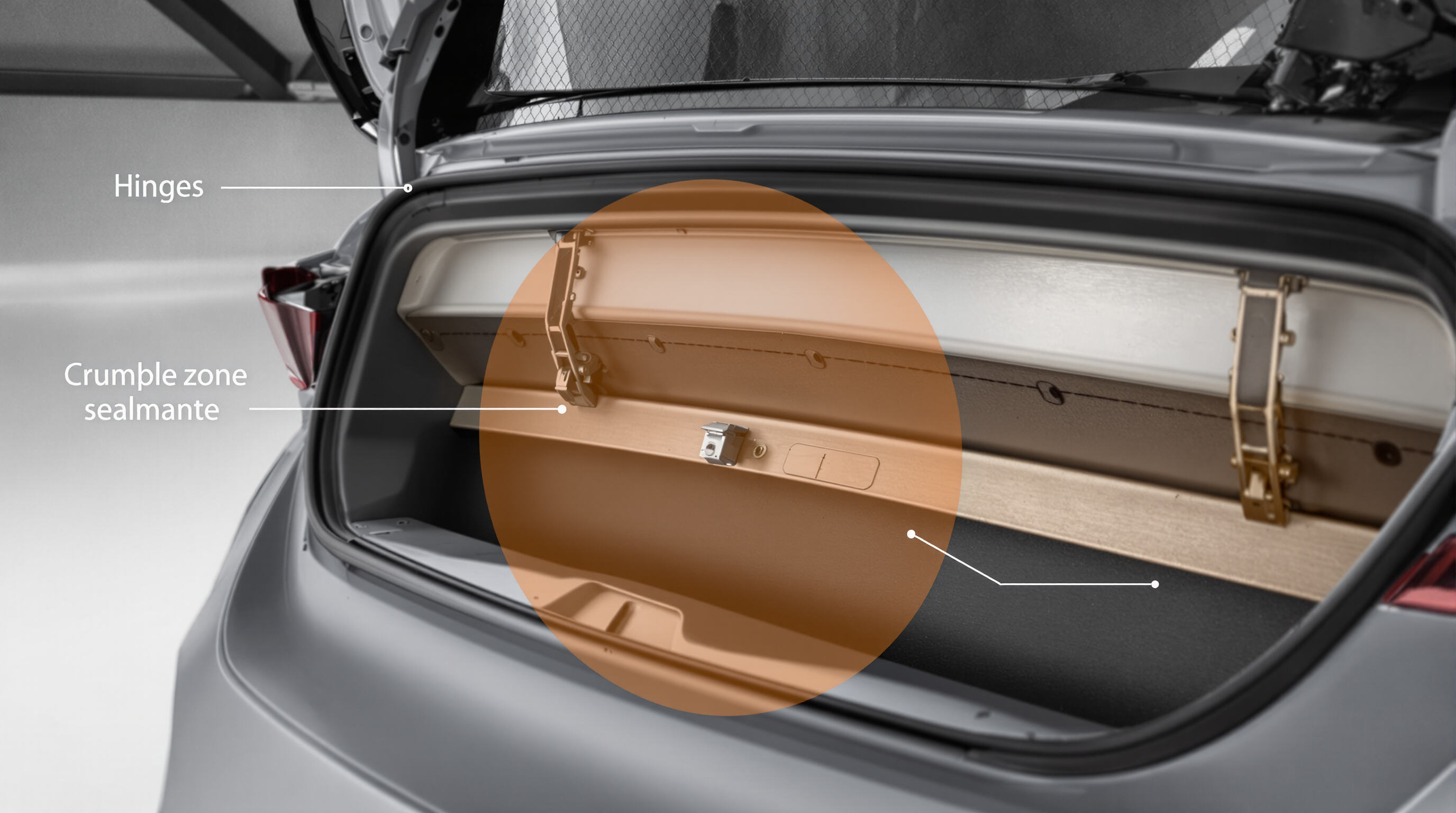 Rear closeup of a modern car trunk lid showing reinforced structure and hinges, emphasizing safety features