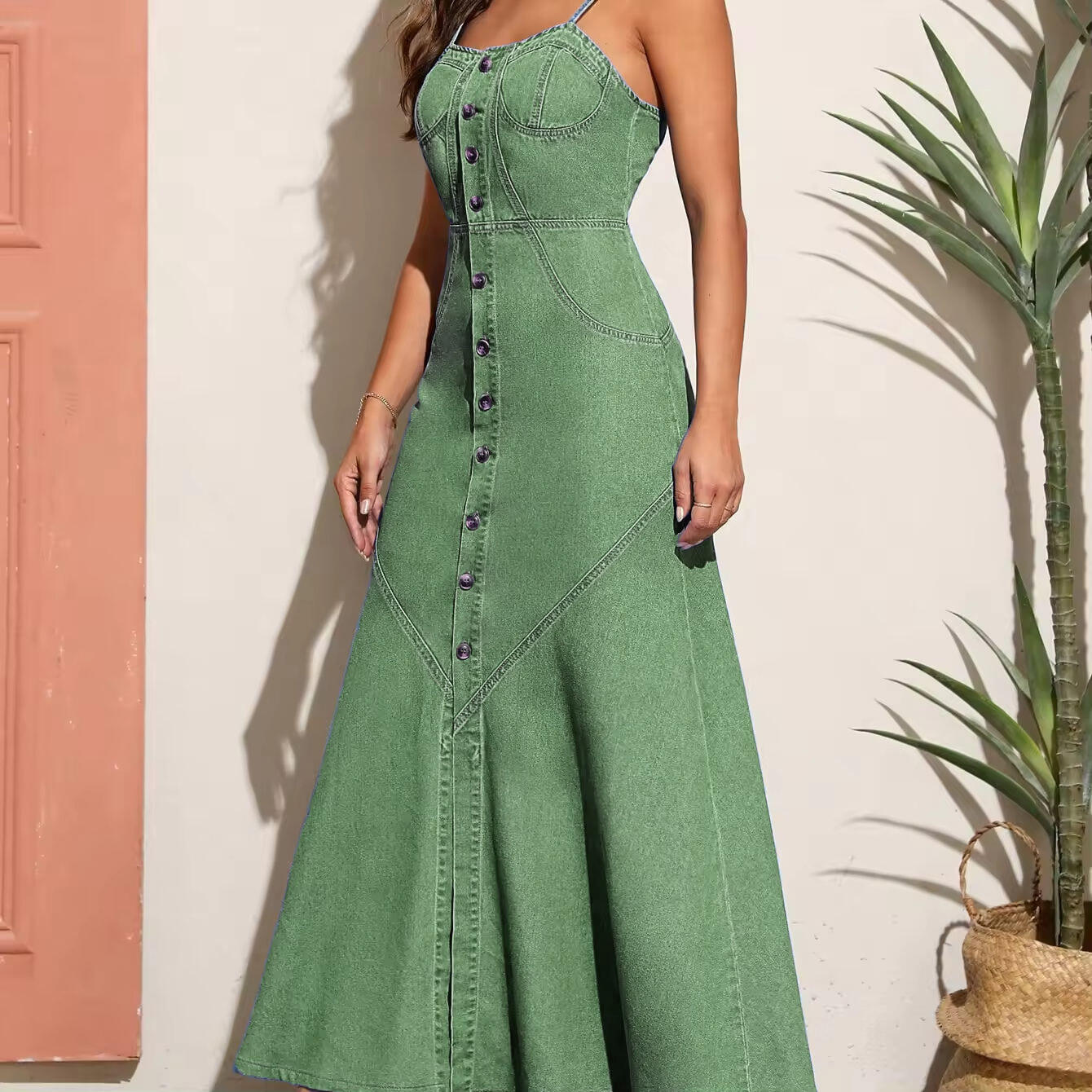 New Design Blue Maxi Dress Overall Casual Formal Single Button Fashion Sleeveless Maxi Denim Dress for Women factory