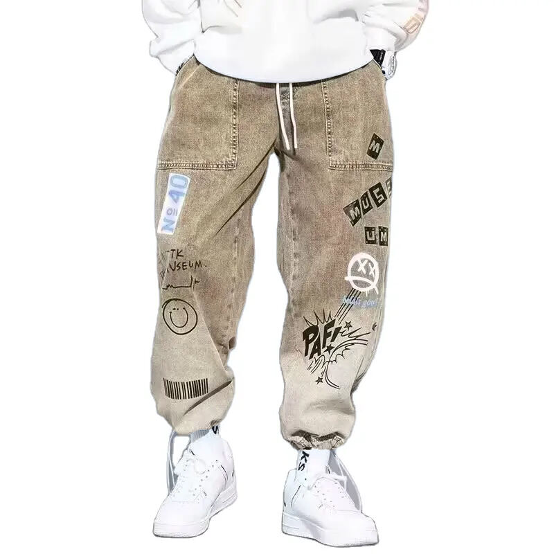 New Autumn 2024 Men's Trendy Brand Buckle Jeans Denim Loose Casual Graffiti Men Drawstring Elastic Waist Harem Pants details