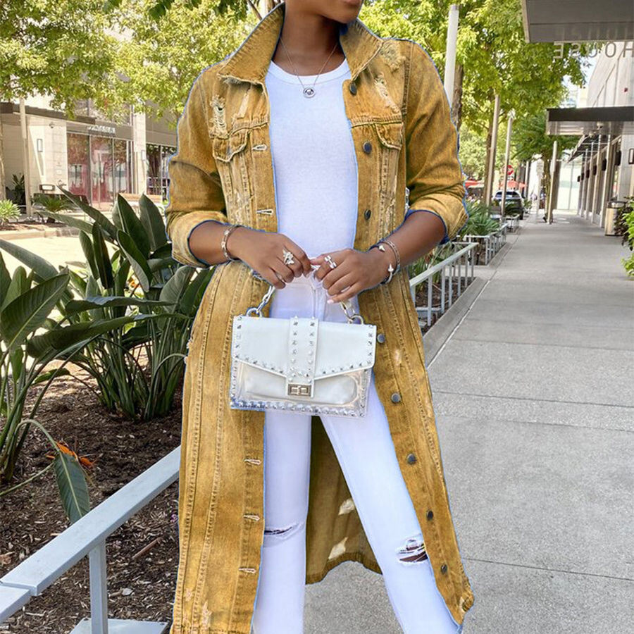 Denim Jacket Women's Solid Color Tassel Breasted Ripped Hole Long Denim Trench Coat factory