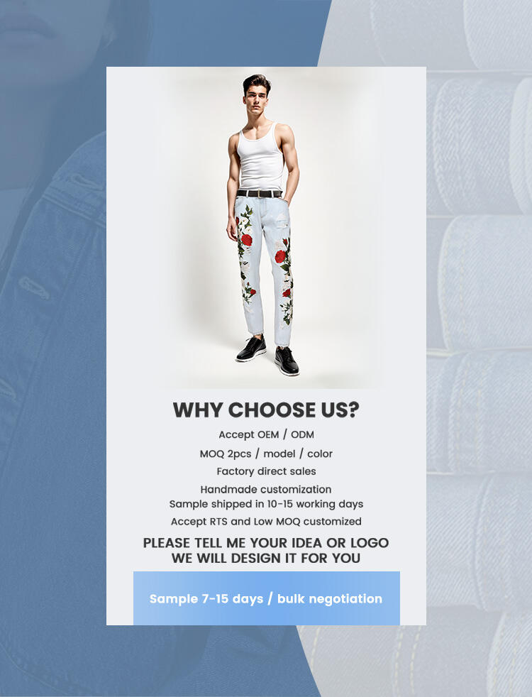 Custom wholesale men's new popular casual fashion single item rose flower embroidery ripped denim straight leg jeans details