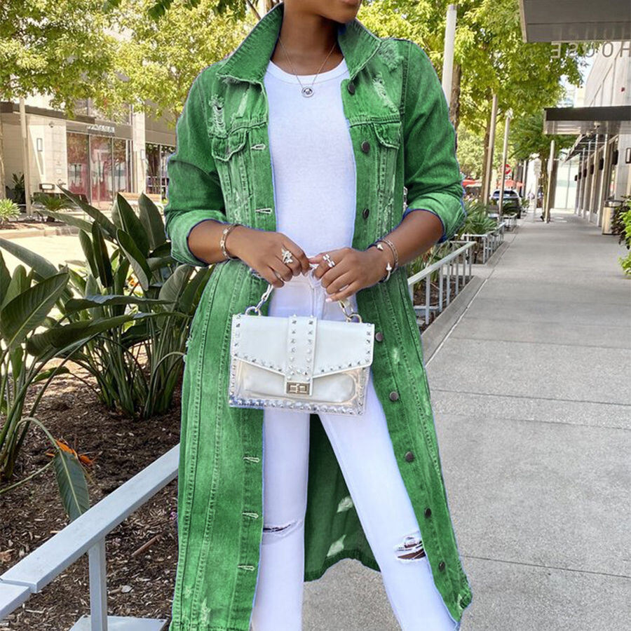 Denim Jacket Women's Solid Color Tassel Breasted Ripped Hole Long Denim Trench Coat factory