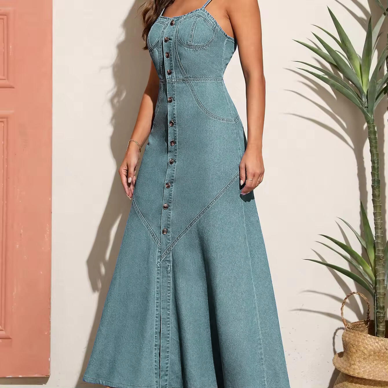 New Design Blue Maxi Dress Overall Casual Formal Single Button Fashion Sleeveless Maxi Denim Dress for Women supplier