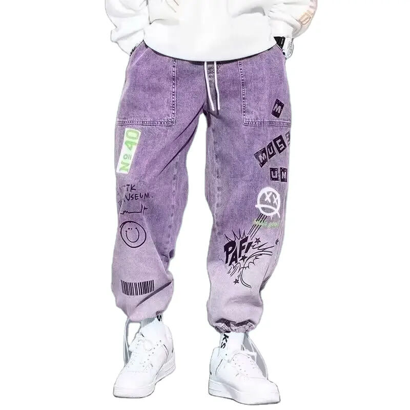 New Autumn 2024 Men's Trendy Brand Buckle Jeans Denim Loose Casual Graffiti Men Drawstring Elastic Waist Harem Pants manufacture