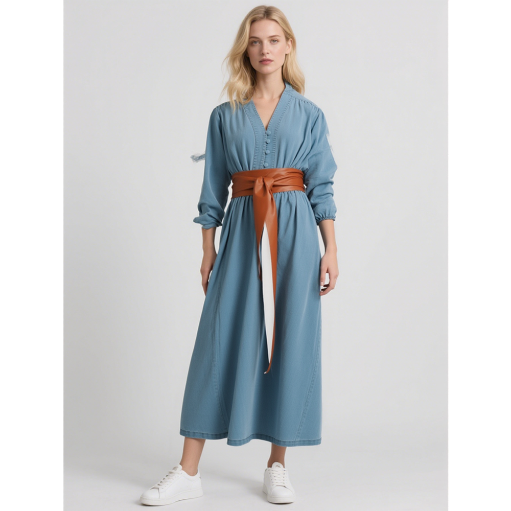 Summer New Women's Denim Cotton Midi Dress Elegant Commuter Collar Casual V-neck Denim Dress factory