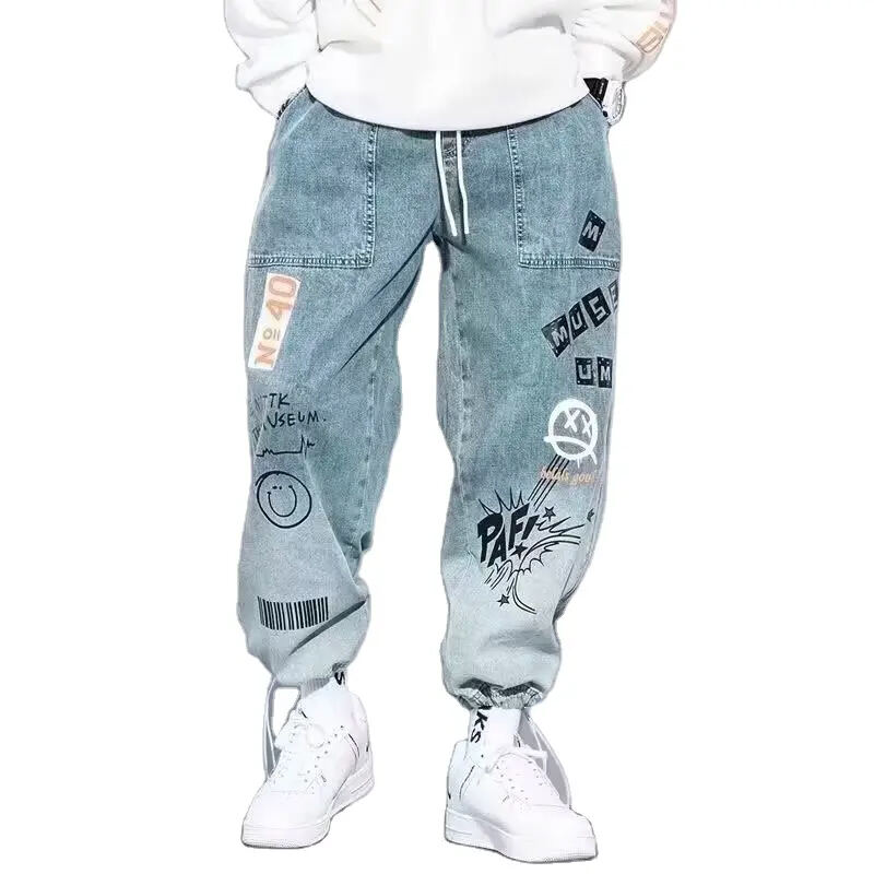 New Autumn 2024 Men's Trendy Brand Buckle Jeans Denim Loose Casual Graffiti Men Drawstring Elastic Waist Harem Pants details