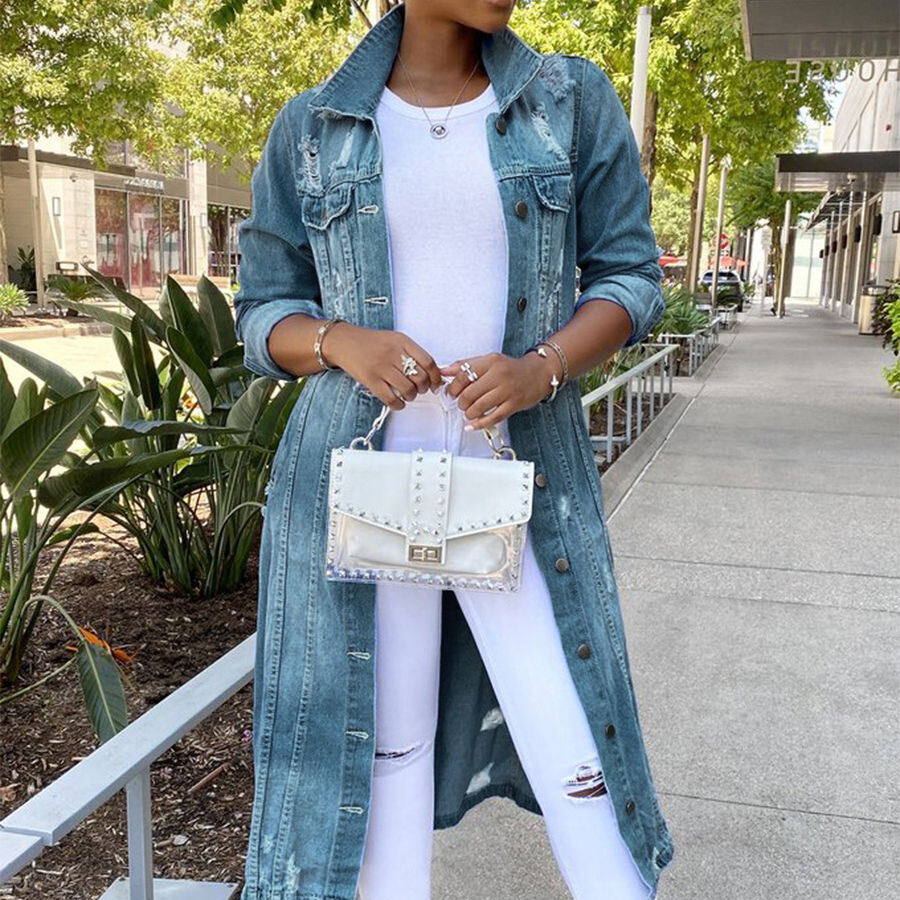 Denim Jacket Women's Solid Color Tassel Breasted Ripped Hole Long Denim Trench Coat supplier