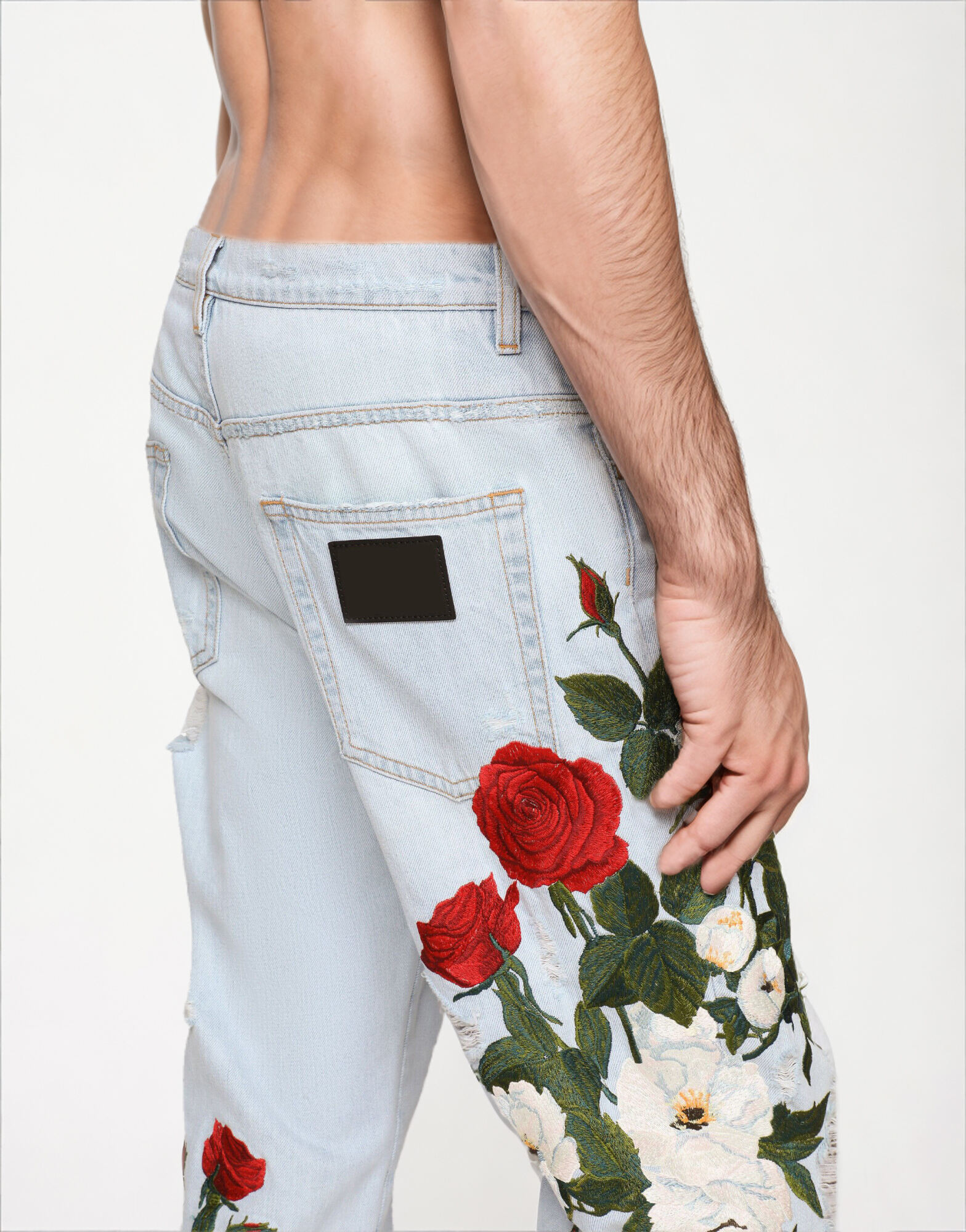 Custom wholesale men's new popular casual fashion single item rose flower embroidery ripped denim straight leg jeans details
