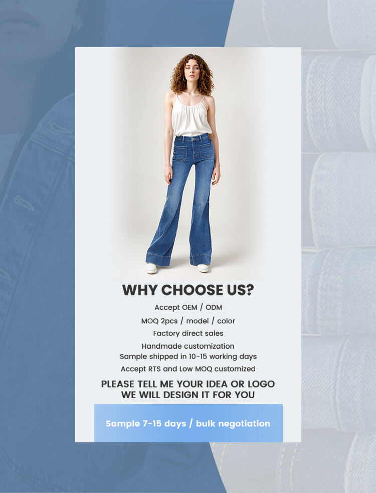 Custom wholesale factory direct sales ladies new casual fashion pocket design decoration medium blue wash micro flared jeans details