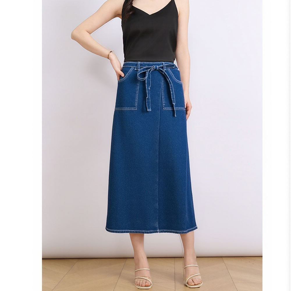 Women's Casual A-Line Midi Jean Skirt Knitted Pockets Frill Tie Waist Denim Skirt Frill factory