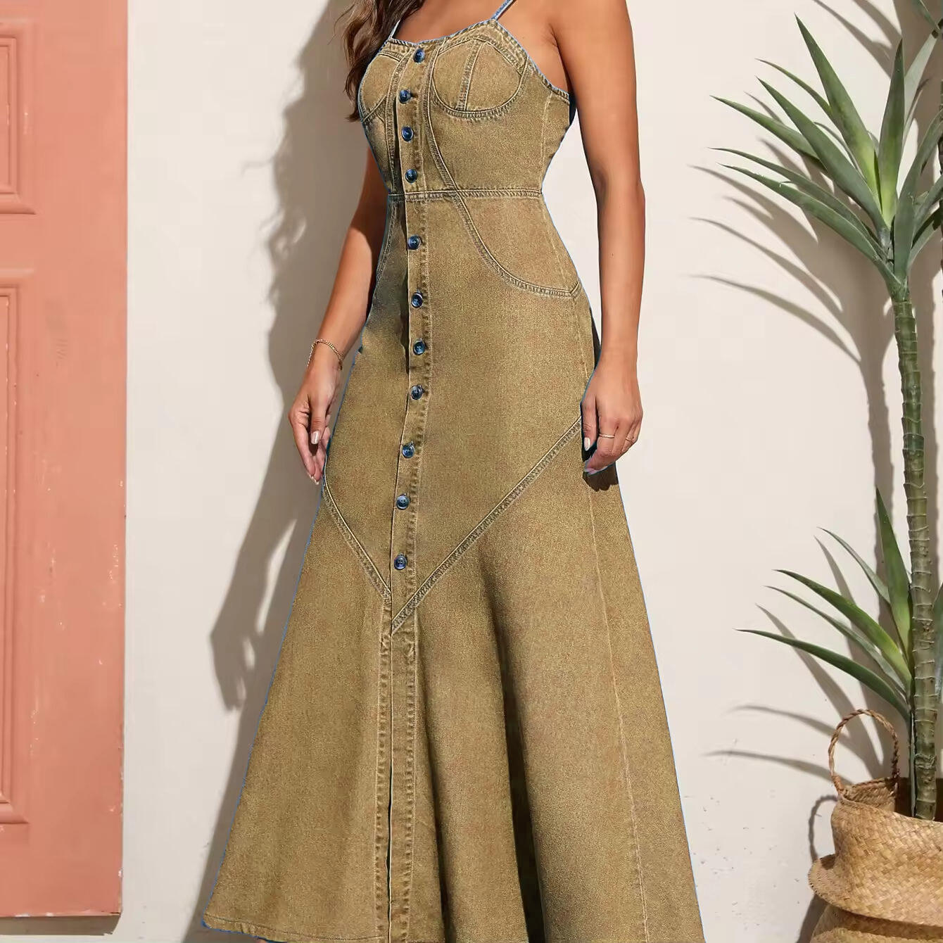 New Design Blue Maxi Dress Overall Casual Formal Single Button Fashion Sleeveless Maxi Denim Dress for Women details