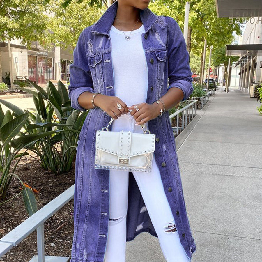 Denim Jacket Women's Solid Color Tassel Breasted Ripped Hole Long Denim Trench Coat details