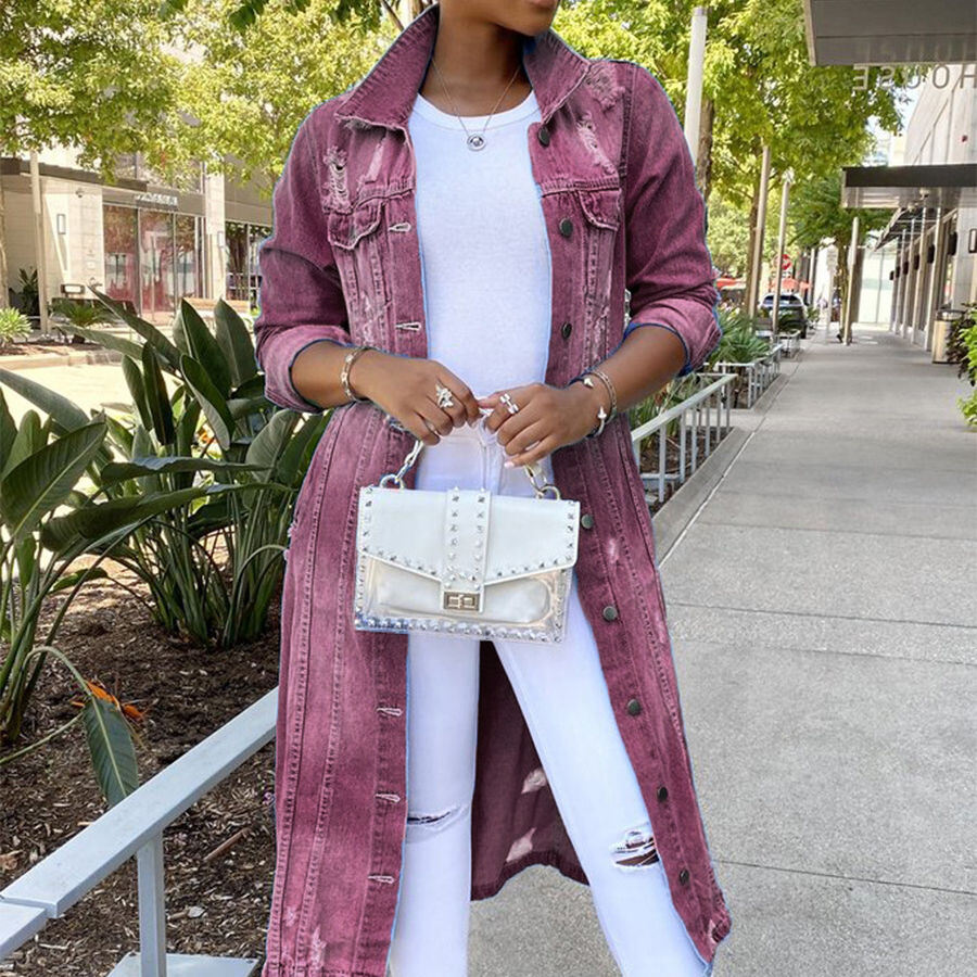 Denim Jacket Women's Solid Color Tassel Breasted Ripped Hole Long Denim Trench Coat manufacture
