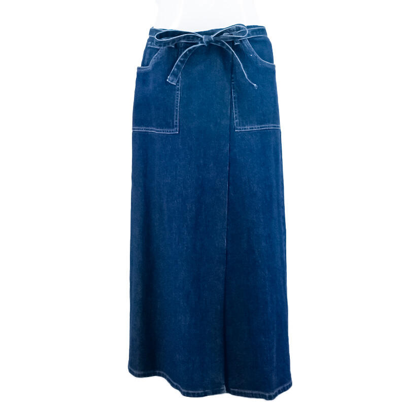 Women's Casual A-Line Midi Jean Skirt Knitted Pockets Frill Tie Waist Denim Skirt Frill manufacture