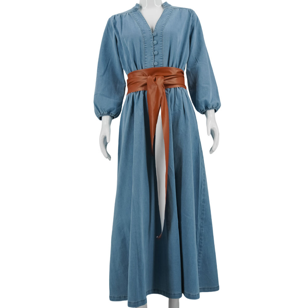 Summer New Women's Denim Cotton Midi Dress Elegant Commuter Collar Casual V-neck Denim Dress manufacture