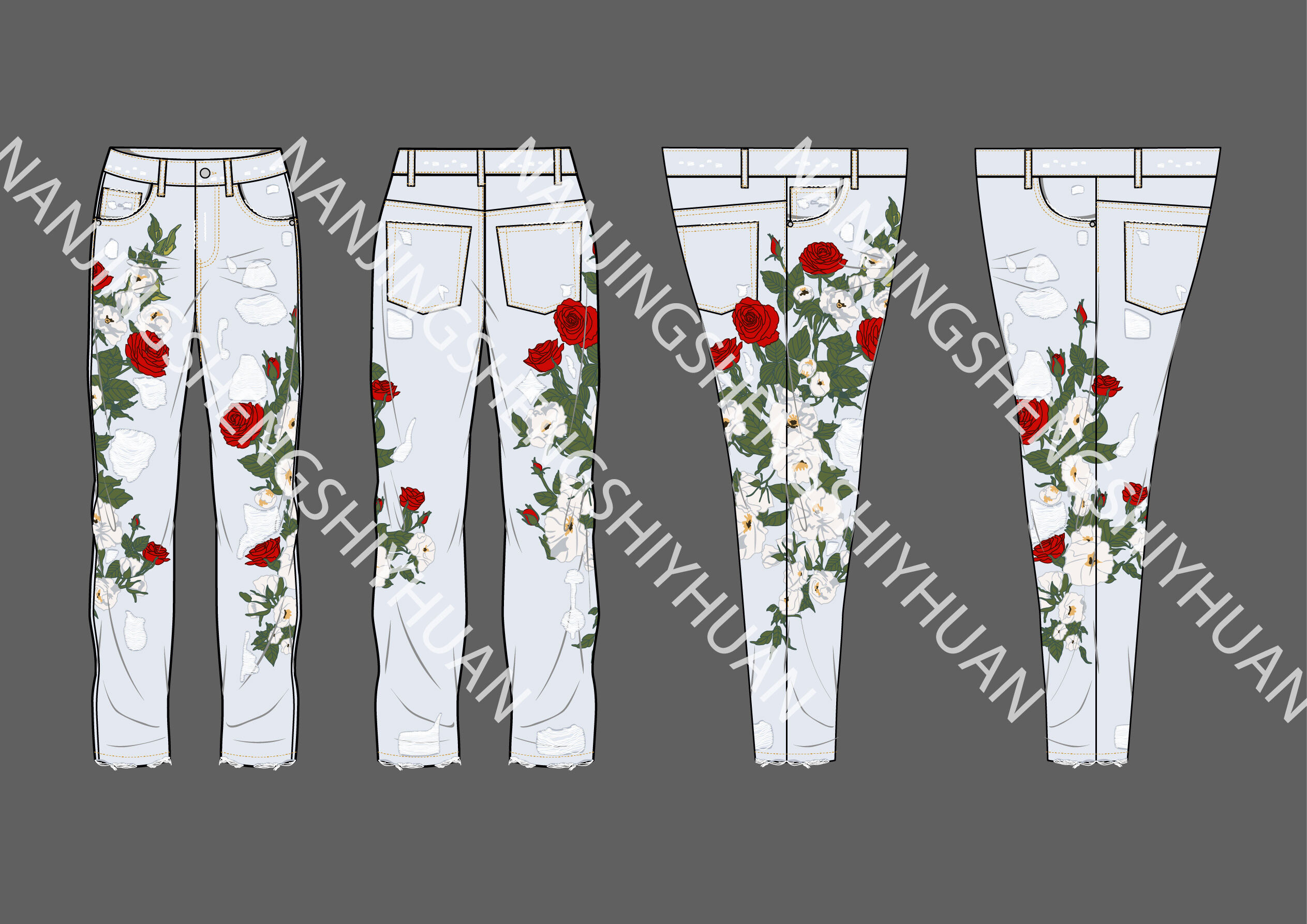 Custom wholesale men's new popular casual fashion single item rose flower embroidery ripped denim straight leg jeans supplier