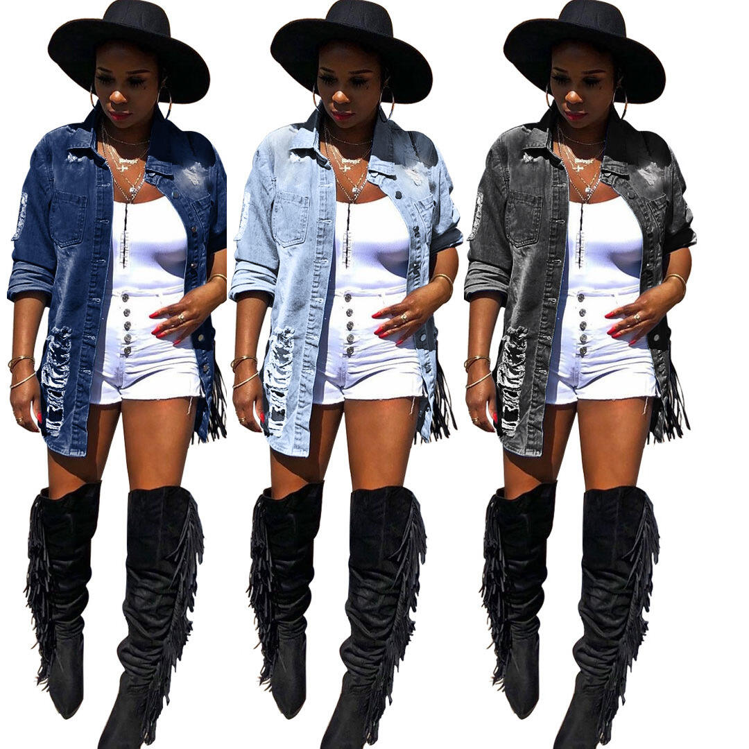 Hot Selling Ladies Denim Jacket Women Coat Casual Ripped Holes Women Jean Jackets Women's Jeans Blouse supplier