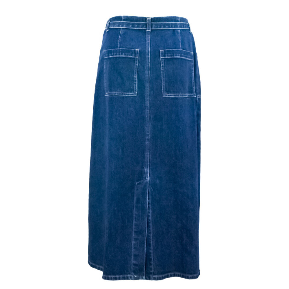 Women's Casual A-Line Midi Jean Skirt Knitted Pockets Frill Tie Waist Denim Skirt Frill factory