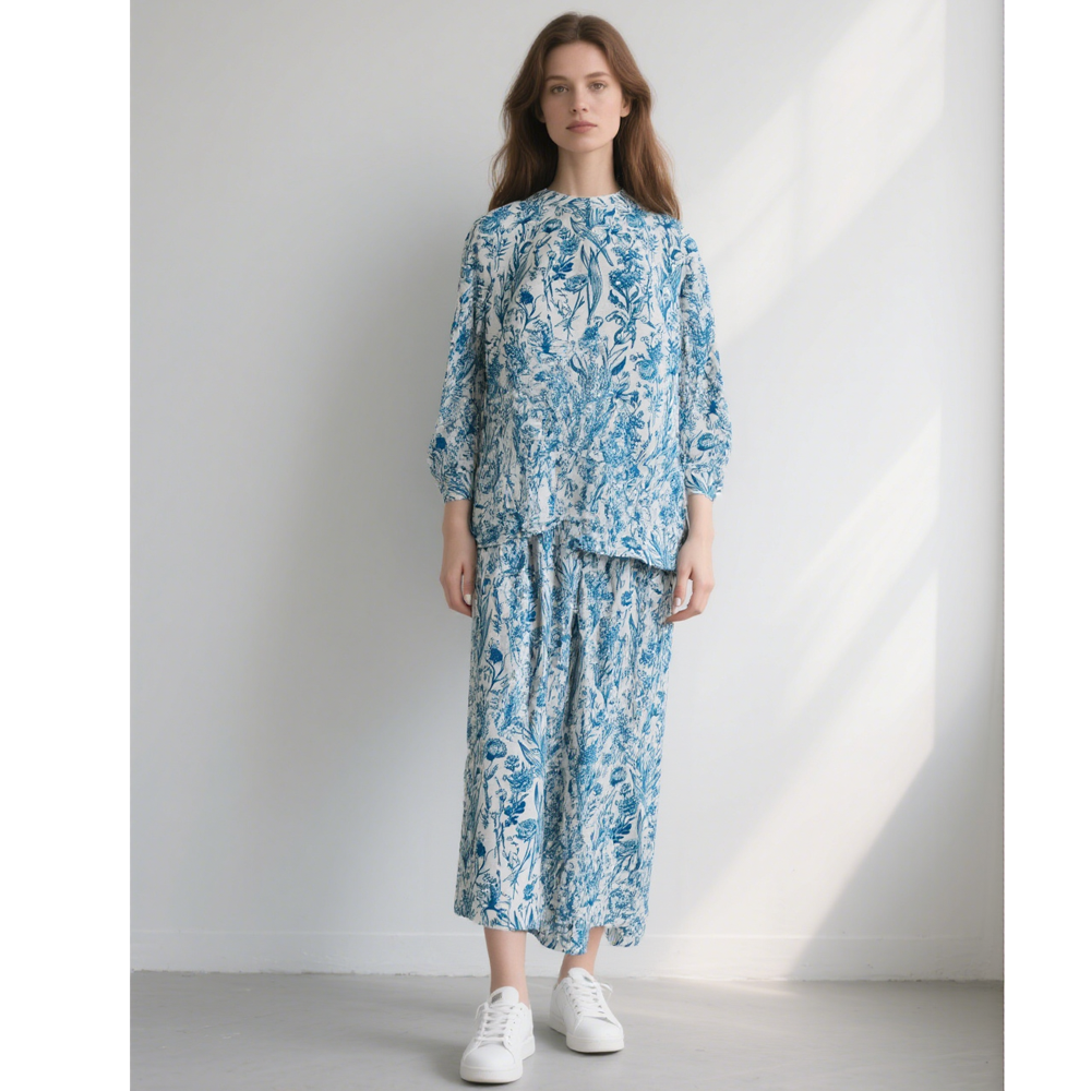 Women's Soft Floral Print Blue Coord Set Two Piece Set Casual Tie-Dye Suit Full Sleeves Skirt Loose Nightgown Women details