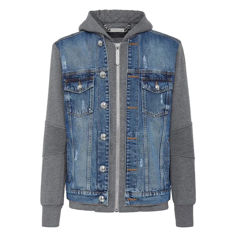 Grovsalg Tilpasset Logo Vintage Herres Casual Bompuld Patchwork Langærmet Hooded Enkelt Brystet Jeans Herres Jacke