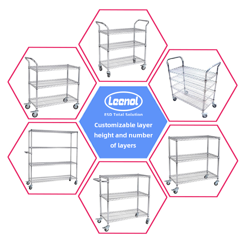 Carbon Steel SMD SMT ESD PCB Reel Shelf 5 tiers Chrome Wire Storage Shelving Rack Trolley Cart details