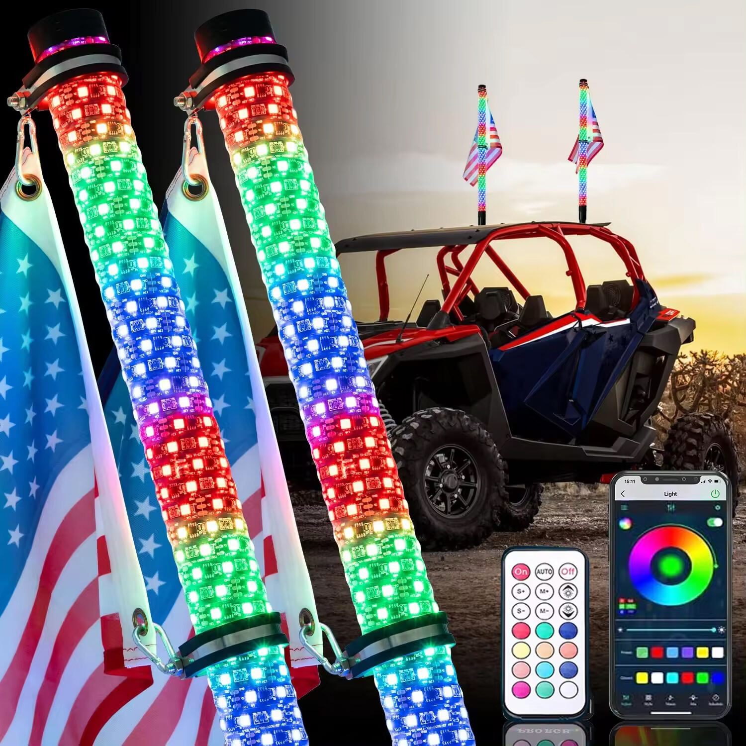 1.75inch LED Whip Lights for UTV RGB Chasing Dancing Light Remote APP Control 600+ Color Mode Combinations RGB Chasing Lighted Antenna Whips for UTV ATV Truck Dune Buggy