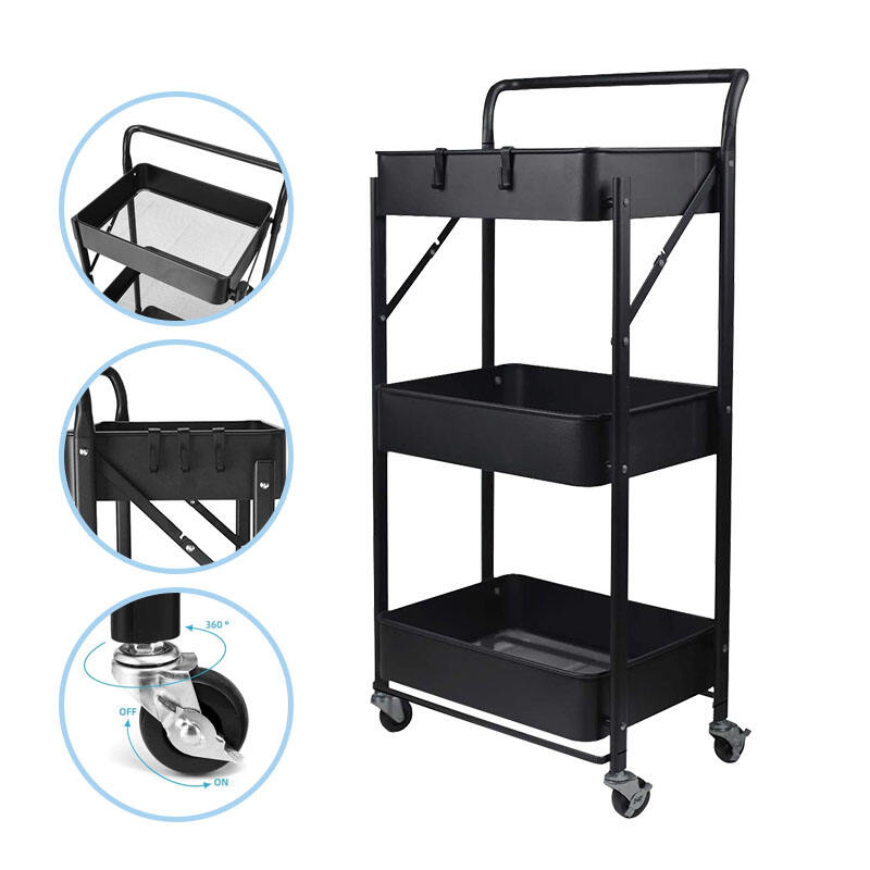 Floor-Standing Storage Push Cart Trolley Household Utility Metal Rolling Mobile Hand 3 Tier Folding Carts Rack