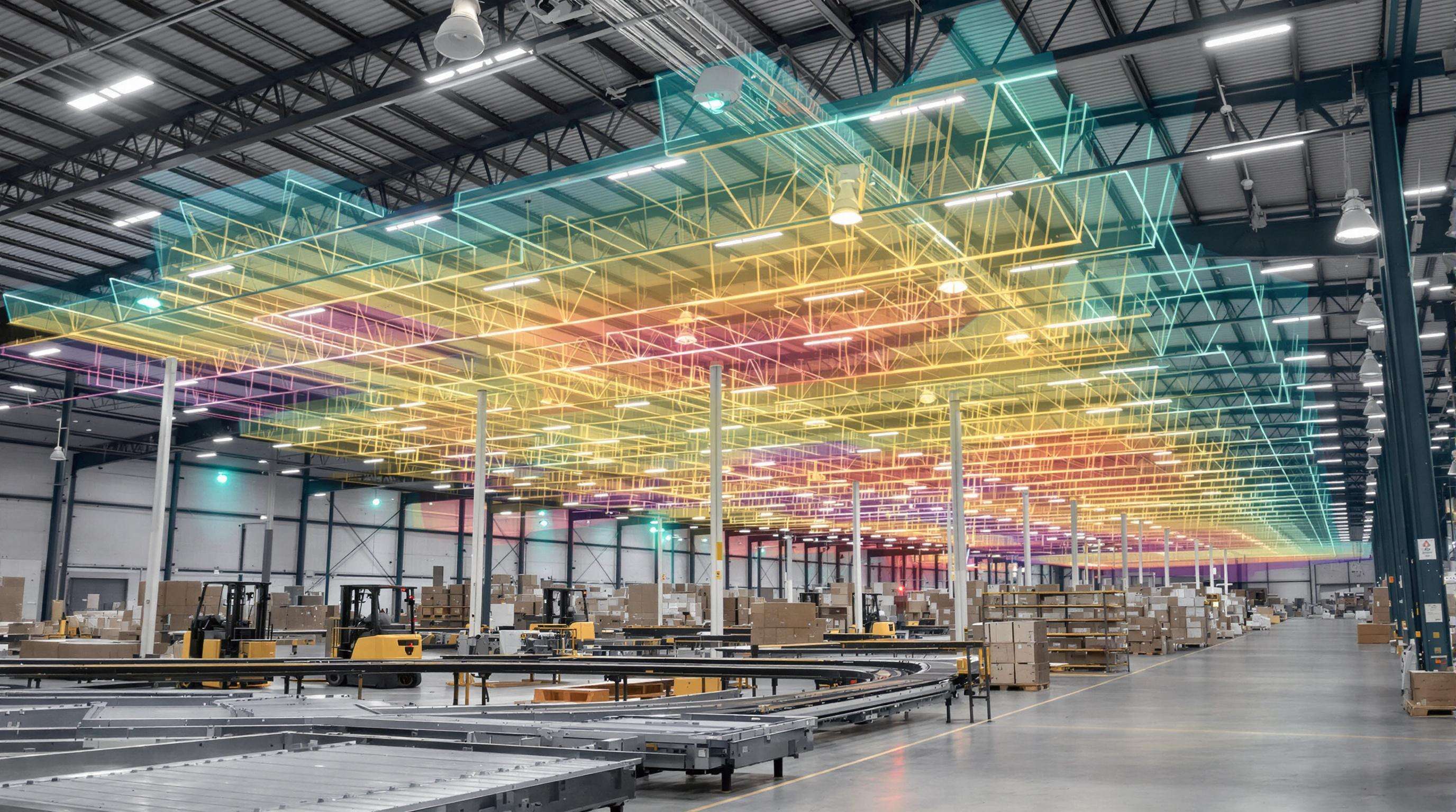 A warehouse interior featuring heatmap overlays highlighting energy usage zones with IoT sensors and machinery