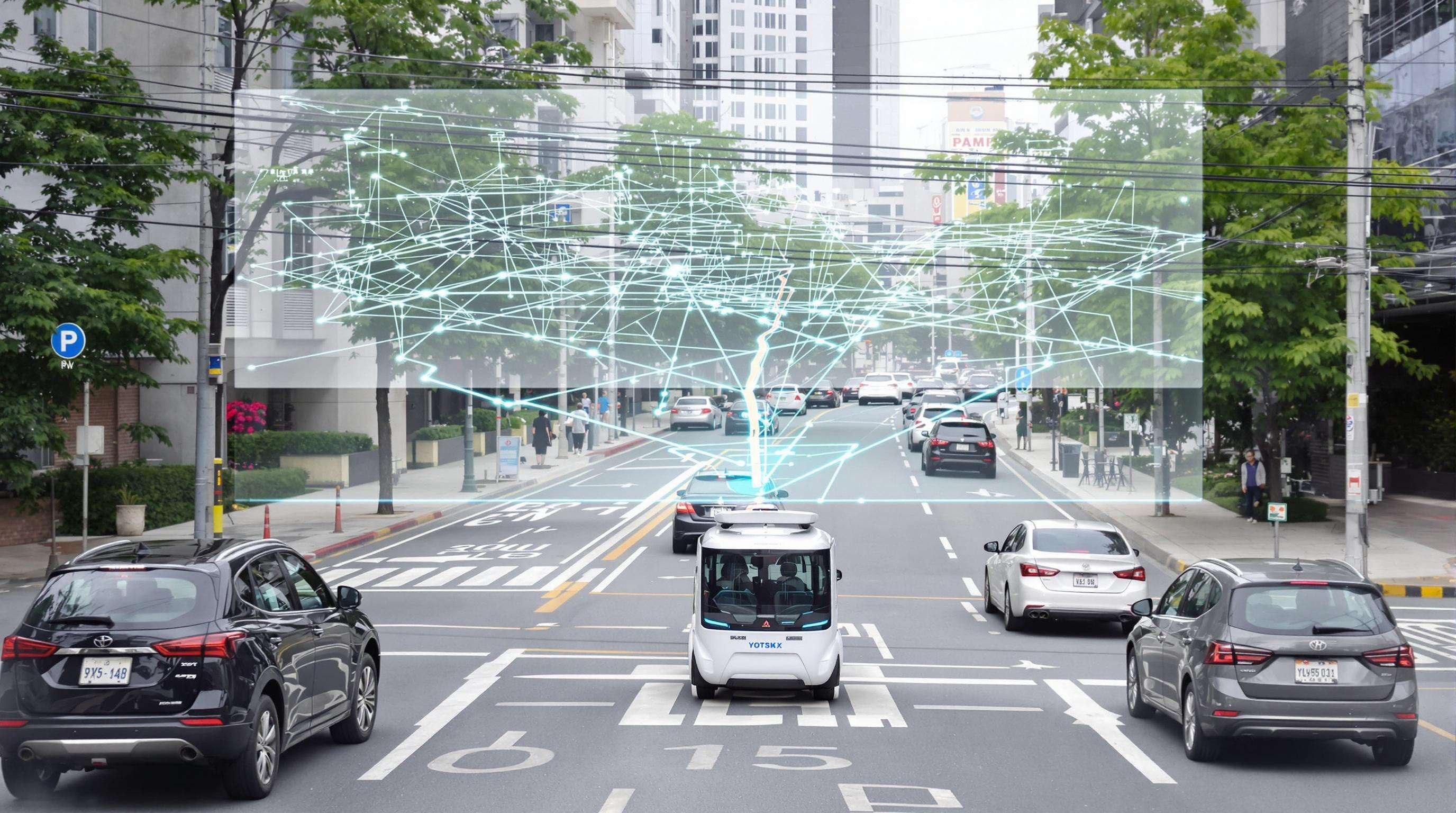 Autonomous delivery vehicle on a quiet city street with digital route optimization visuals in muted tones