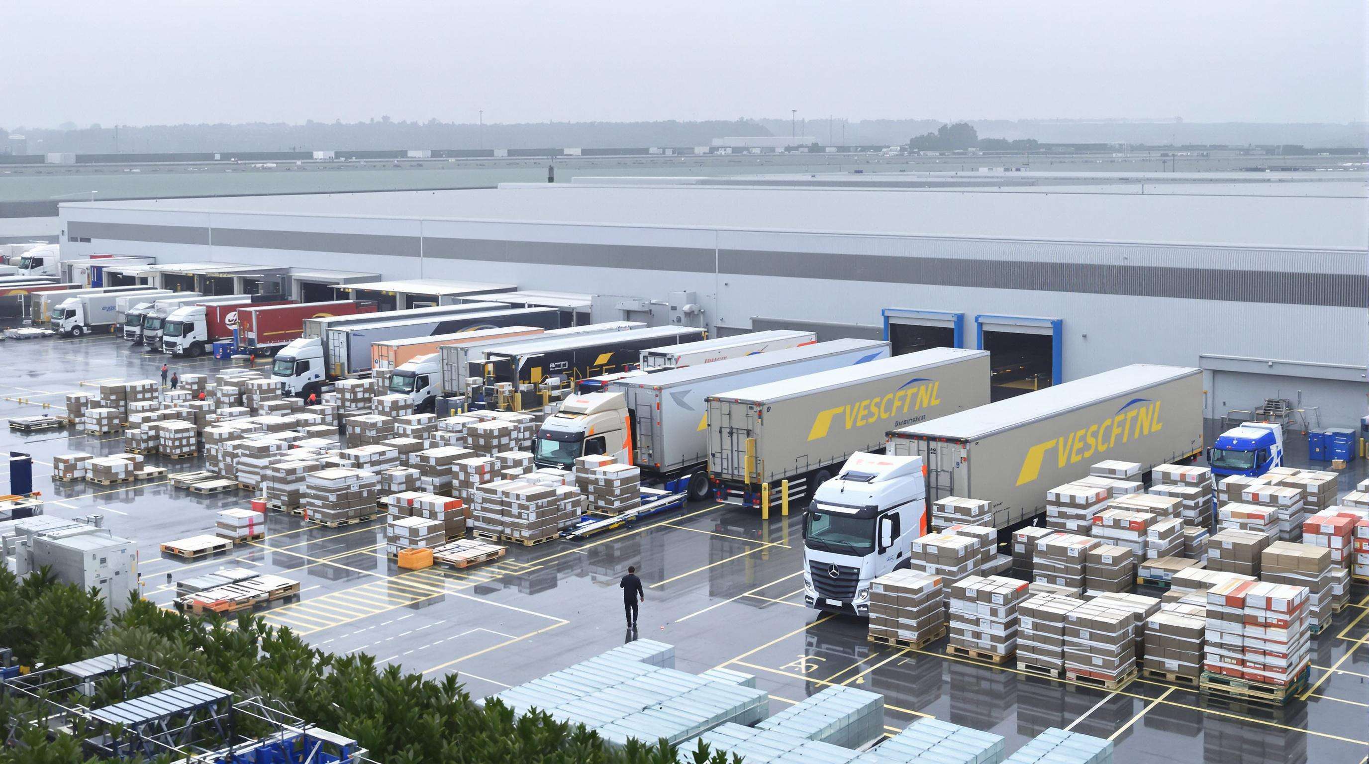 Delivery trucks loading grouped parcels at a regional distribution hub with workers in muted lighting